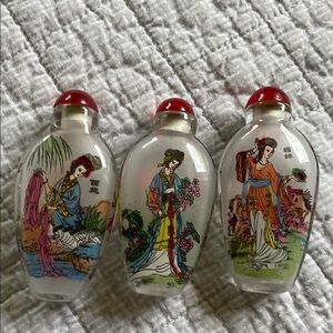 Vintage Set of Three Chinese snuff Decorative Glass Bottles with Asian Art.